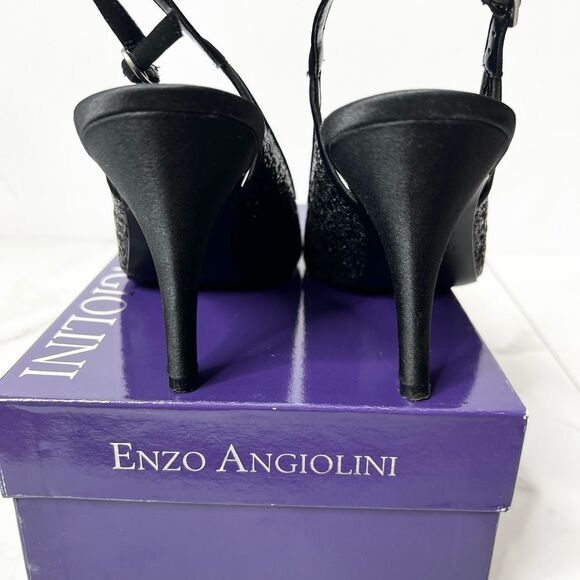 Enzo Angiolini Hitch X3 Black Sequin Shiny Satin Ankle Buckle Peep Toe Heels - Picture 15 of 16